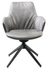 Moderner grauer Armlehnstuhl aus Leder mit schwarzem Metallgestell, Frontalansicht