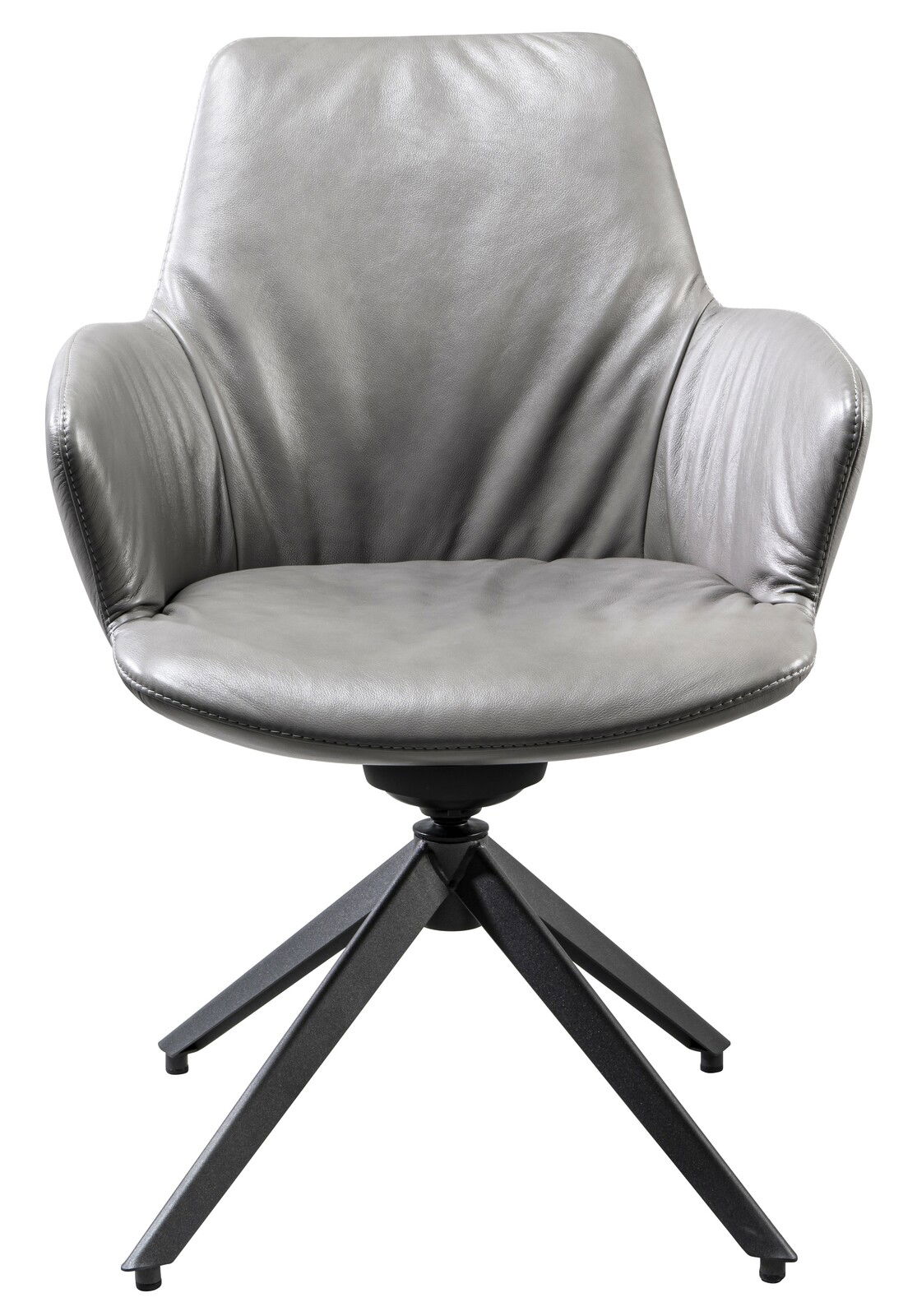 Moderner grauer Armlehnstuhl aus Leder mit schwarzem Metallgestell, Frontalansicht