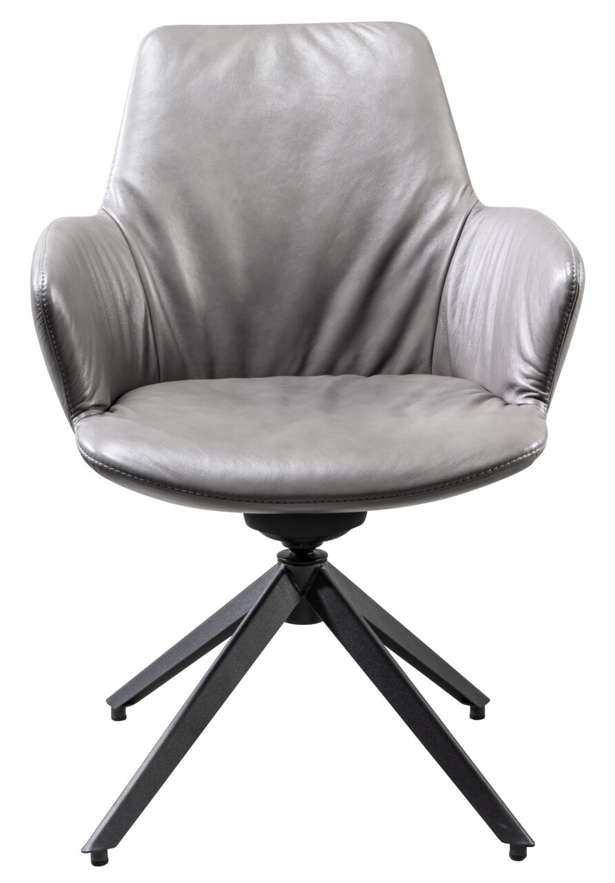 Plantagie Armlehnstuhl MAPLE Moderner grauer Armlehnstuhl aus Leder mit schwarzem Metallgestell, Frontalansicht