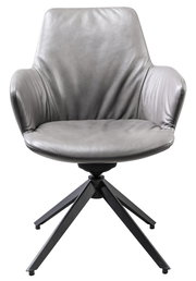 Moderner grauer Armlehnstuhl aus Leder mit schwarzem Metallgestell, Frontalansicht