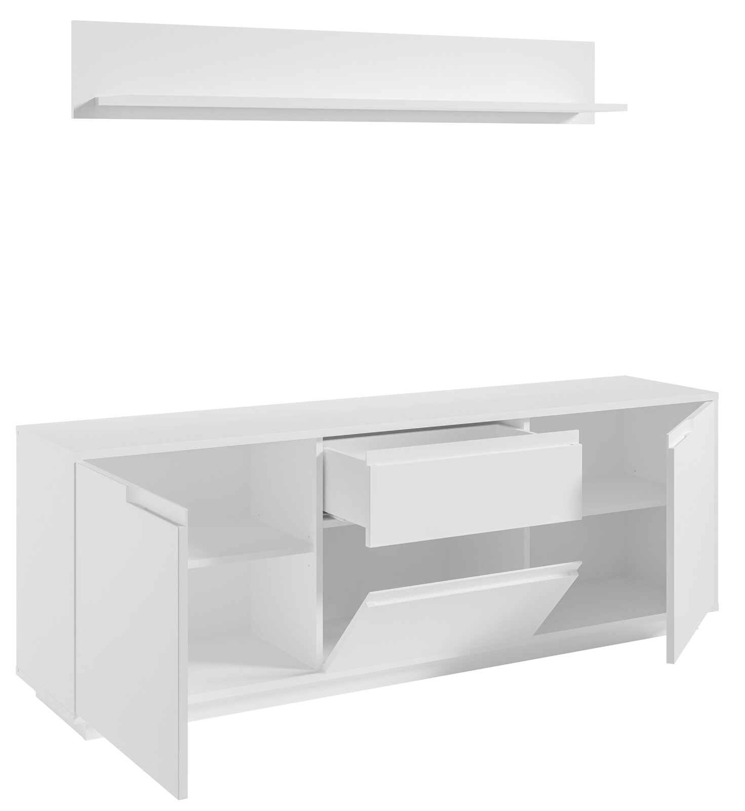 Wit tv-lowboard met open deuren en lades, in perspectief gezien vanaf links vooraan, inclusief wandplank.