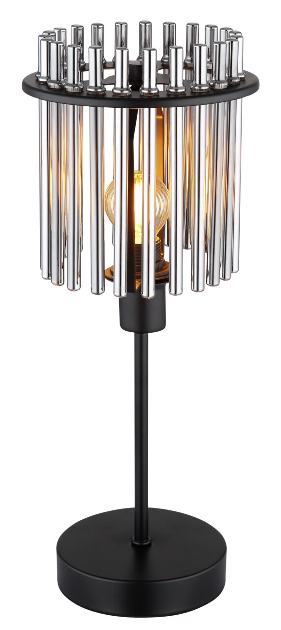 Moderne Tischleuchte GORLEY mit zylindrischen Metallstäben und sichtbarem Leuchtmittel, seitliche Perspektive.