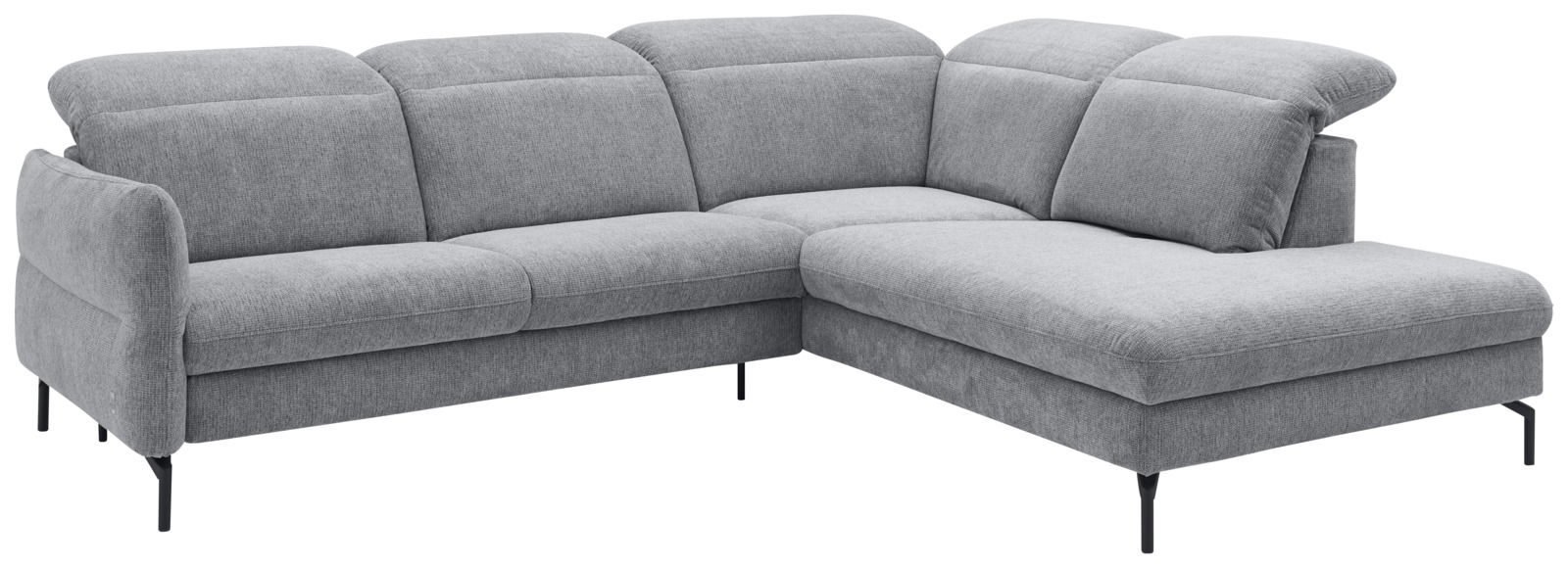 Graue Polsterrundecke in L-Form mit schwarzem Metallgestell, seitliche Perspektive