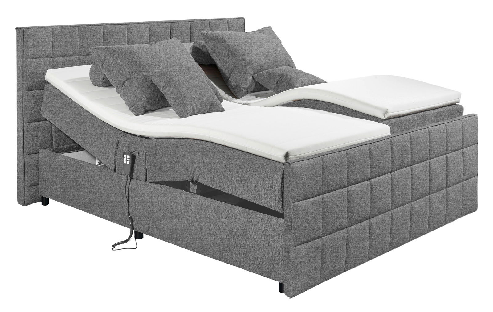 Graues Polsterbett mit verstellbaren Matratzen und mehreren Kissen, seitliche Perspektive