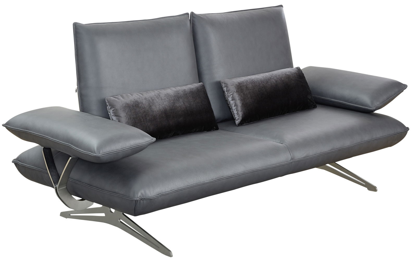 Modernes graues 2,5-Sitzer Sofa mit verstellbaren Armlehnen und eleganten Metallfüßen, seitliche Perspektive