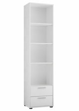 Weißes Regal mit vier offenen Fächern und zwei Schubladen, seitliche Perspektive