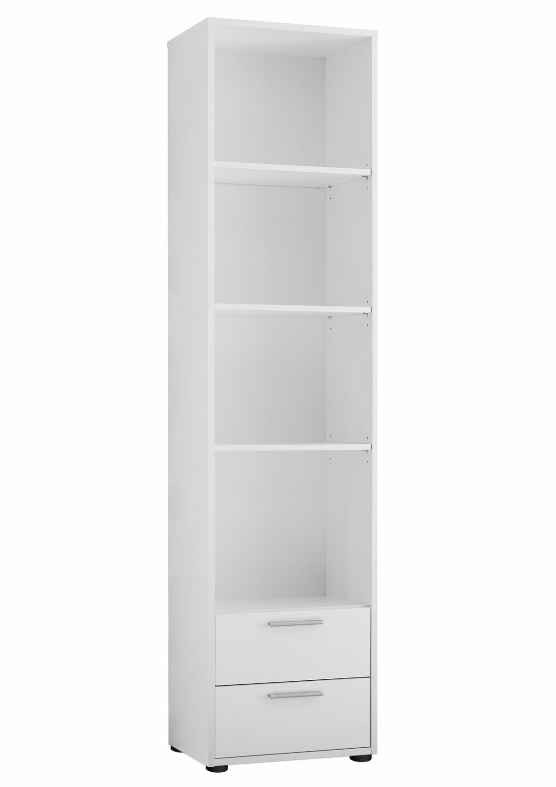 MyBaby Regal BIBO Weißes Regal mit vier offenen Fächern und zwei Schubladen, seitliche Perspektive