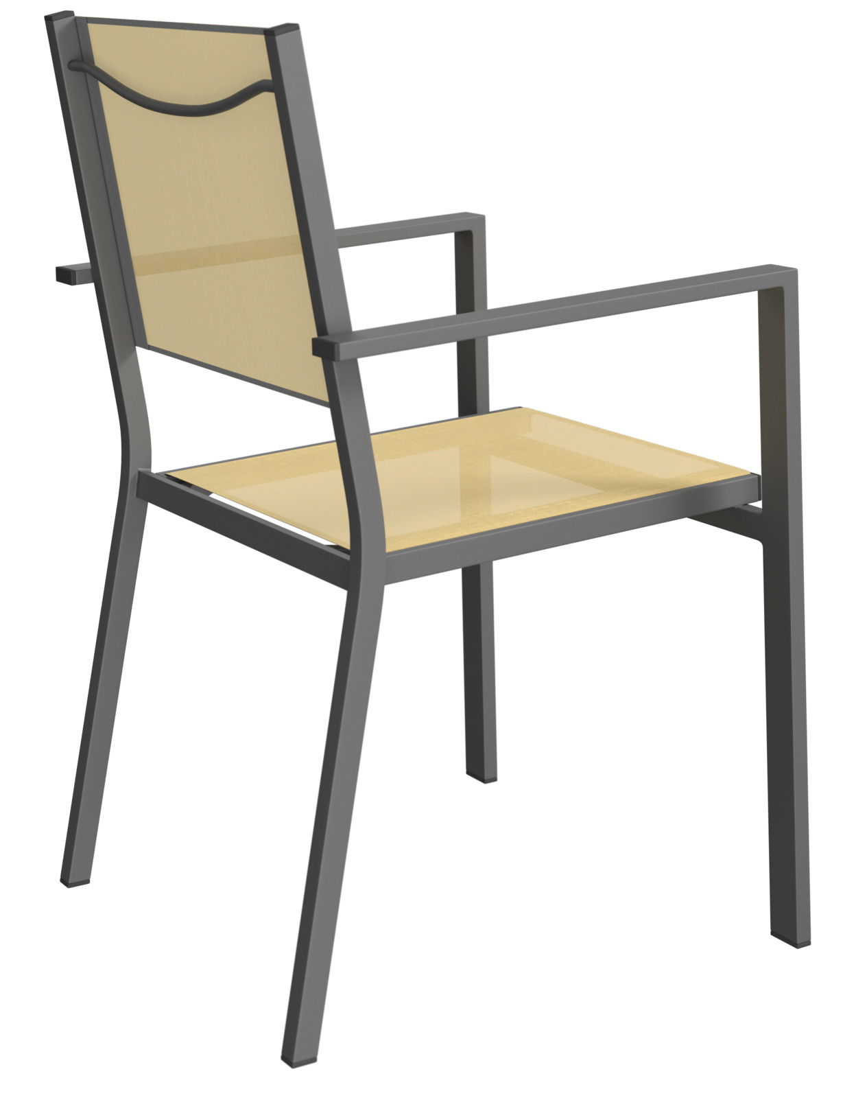 Moderner Stapelsessel mit Metallrahmen und beigem Sitz und Rückenlehne, seitliche Perspektive