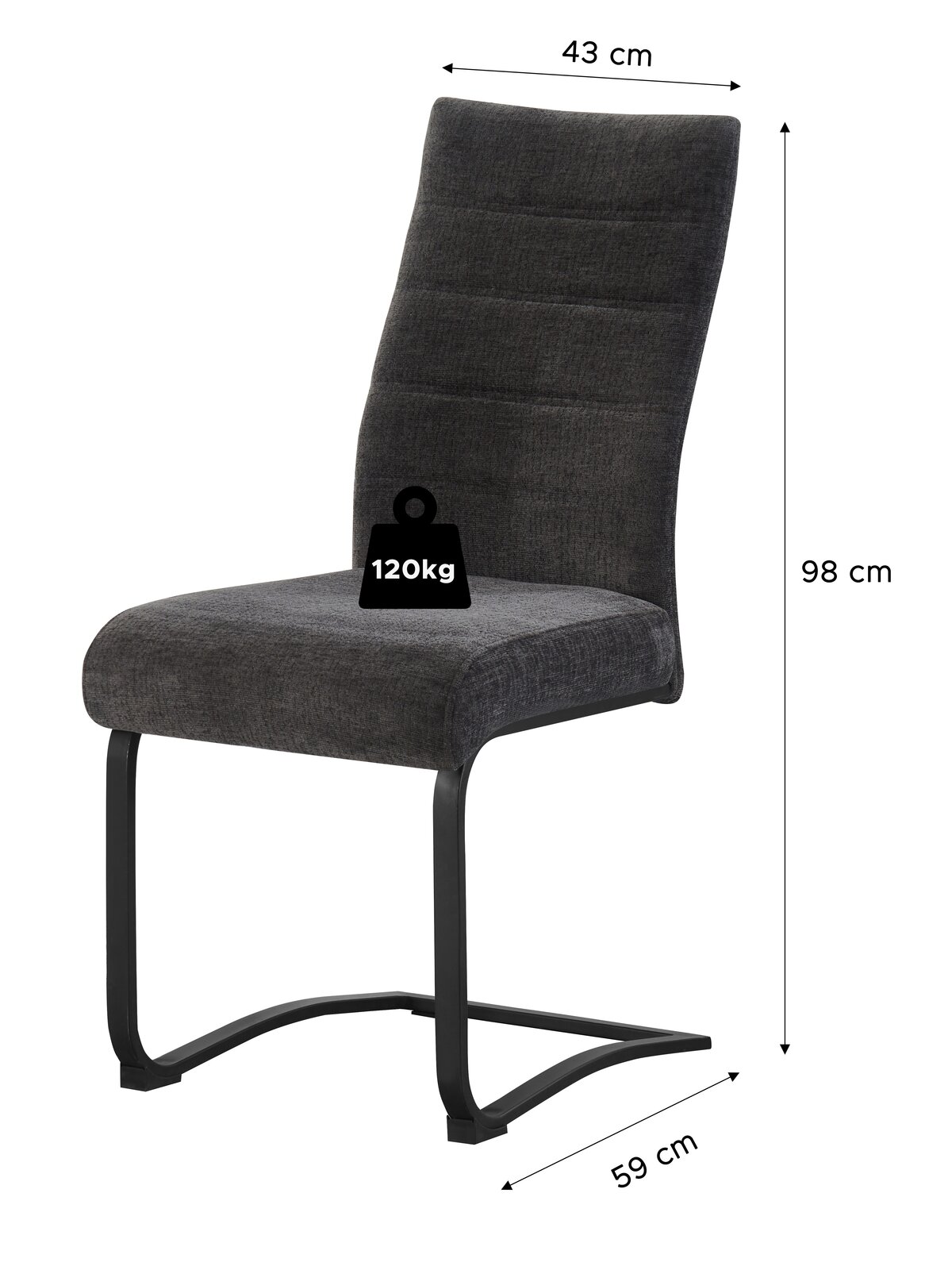 Dunkelgrauer, gepolsterter Freischwinger-Esszimmerstuhl mit schwarzem Metallgestell, Maße ca. 43 cm Breite, 59 cm Tiefe und 98 cm Höhe, belastbar bis 120 kg, freigestellt in schräger Frontansicht.