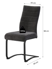 Dunkelgrauer, gepolsterter Freischwinger-Esszimmerstuhl mit schwarzem Metallgestell, Maße ca. 43 cm Breite, 59 cm Tiefe und 98 cm Höhe, belastbar bis 120 kg, freigestellt in schräger Frontansicht.