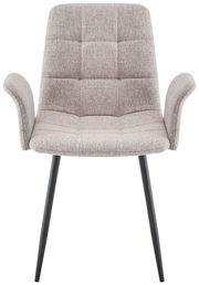 Frontansicht eines modernen Armlehnstuhls mit grauem Stoffbezug und schwarzen Metallbeinen.