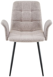 Frontansicht eines modernen Armlehnstuhls mit grauem Stoffbezug und schwarzen Metallbeinen.