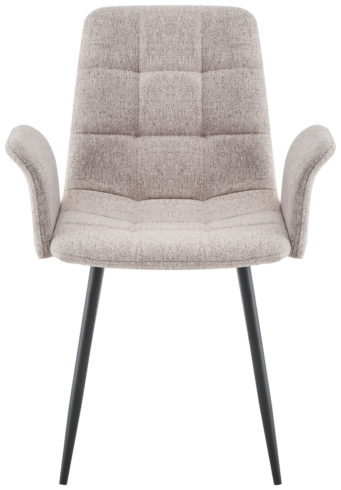 Frontansicht eines modernen Armlehnstuhls mit grauem Stoffbezug und schwarzen Metallbeinen.
