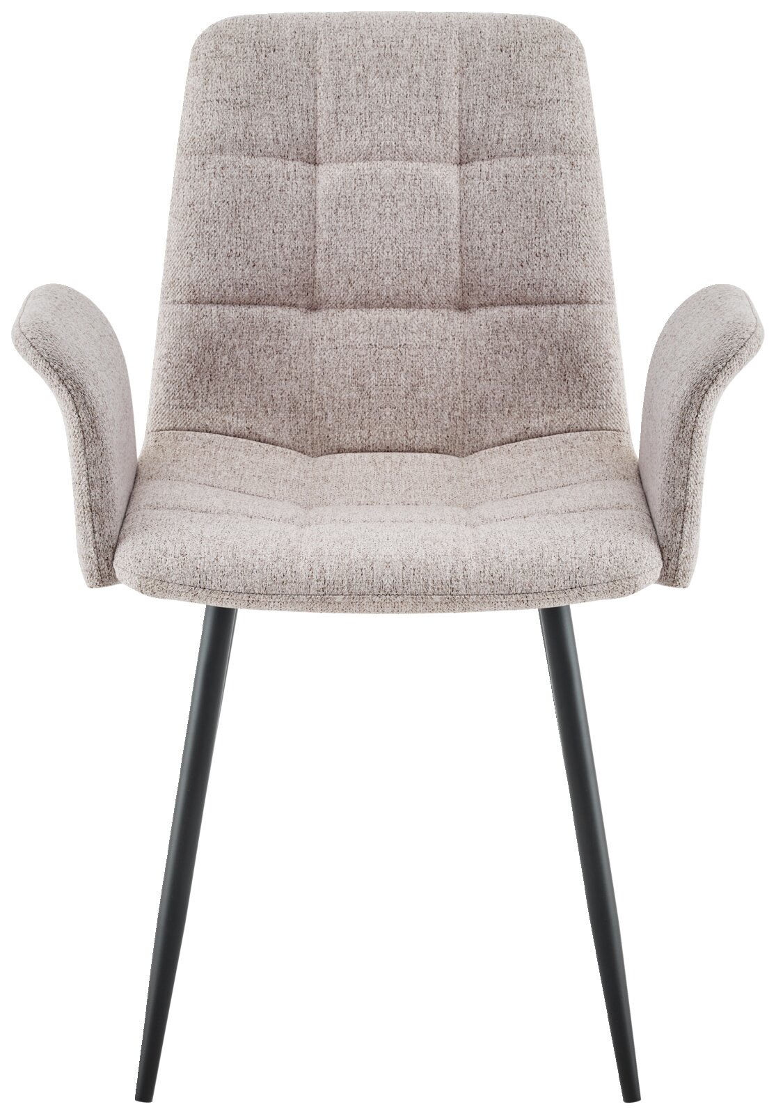 Vooraanzicht van een moderne fauteuil met grijze stoffen bekleding en zwarte metalen poten.