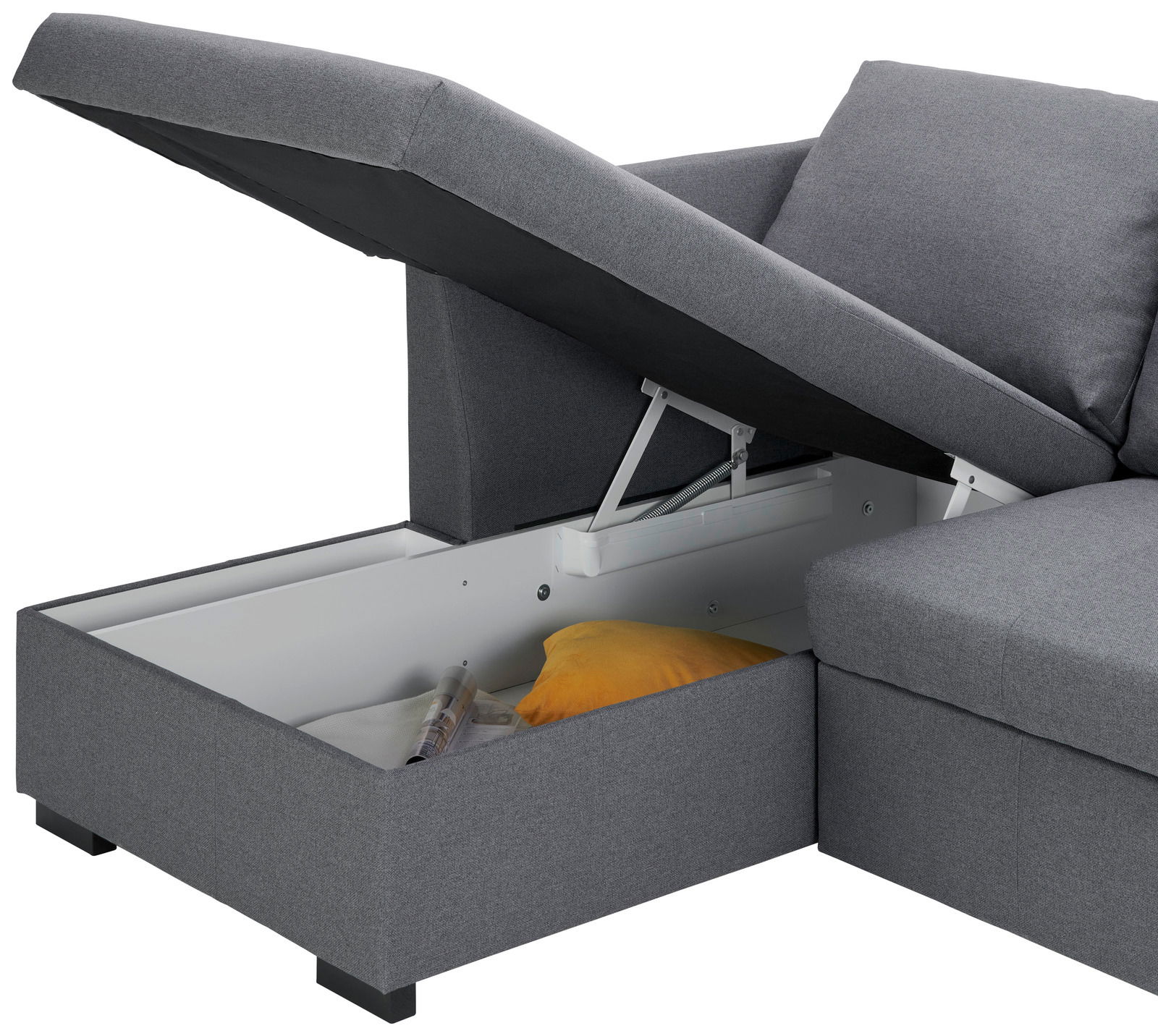 Graue Rundecke mit geöffneter Stauraumfunktion, seitliche Perspektive