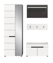 Modernes weiß-graues Garderoben-Set mit hohem Schrank, Wandregal, Hakenleiste und Schuhbank mit schwarzen Griffen, frontale Ansicht