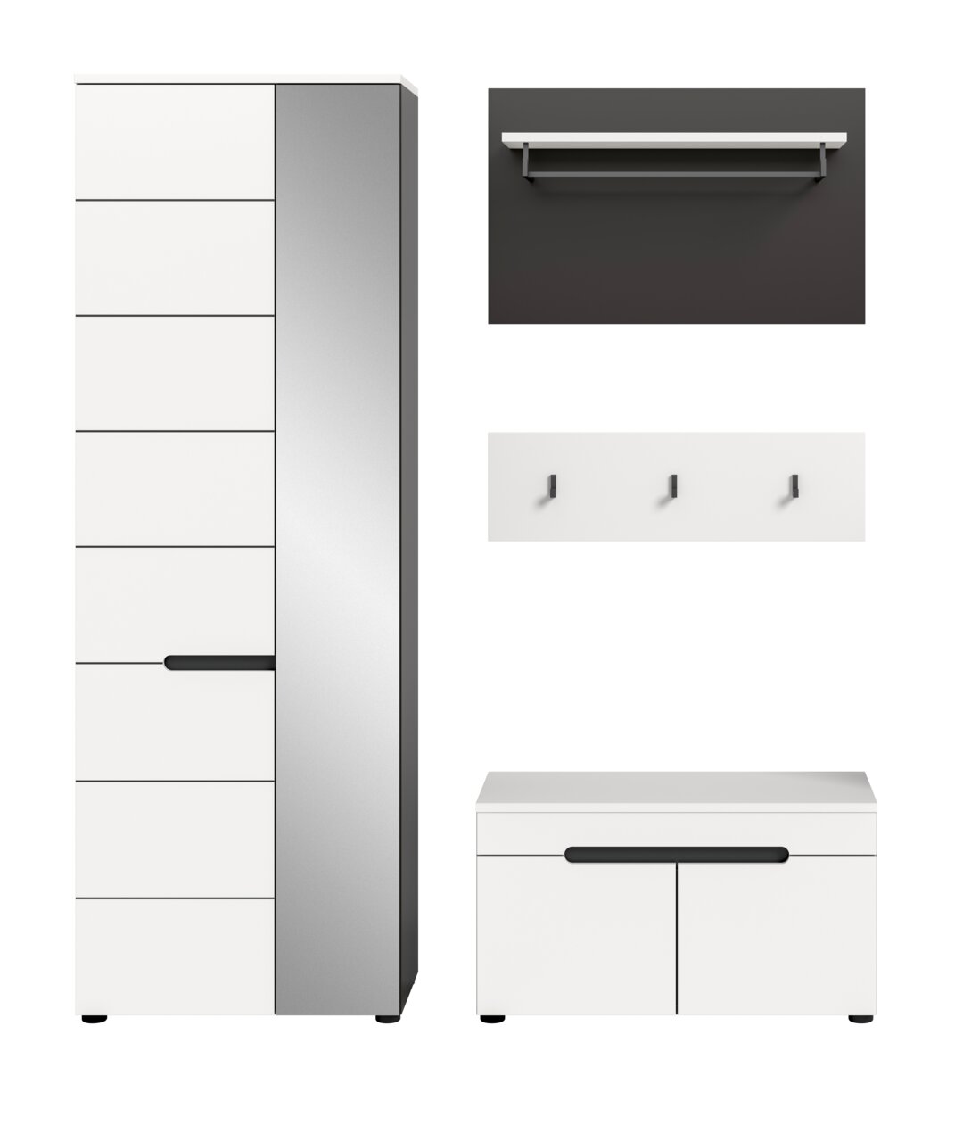 Modernes weiß-graues Garderoben-Set mit hohem Schrank, Wandregal, Hakenleiste und Schuhbank mit schwarzen Griffen, frontale Ansicht