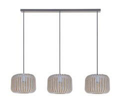 Moderne dreifache Hängeleuchte aus Holz mit sichtbaren Glühbirnen, seitliche Perspektive