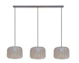 Moderne dreifache Hängeleuchte aus Holz mit sichtbaren Glühbirnen, seitliche Perspektive