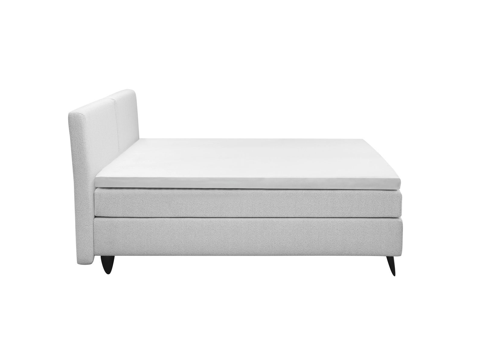 Seitliche Ansicht eines modernen Boxspringbetts in Weiß mit schlichtem Design und schwarzen Füßen.