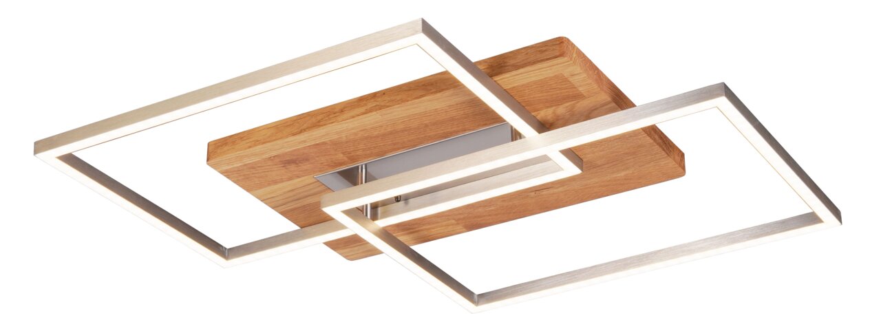 Moderne LED-Deckenleuchte mit zwei rechteckigen, leuchtenden Rahmen und einer Holzhalterung, seitliche Perspektive