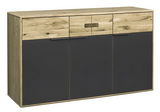 Moderne Kommode mit Holz- und dunklen Fronten, seitliche Perspektive