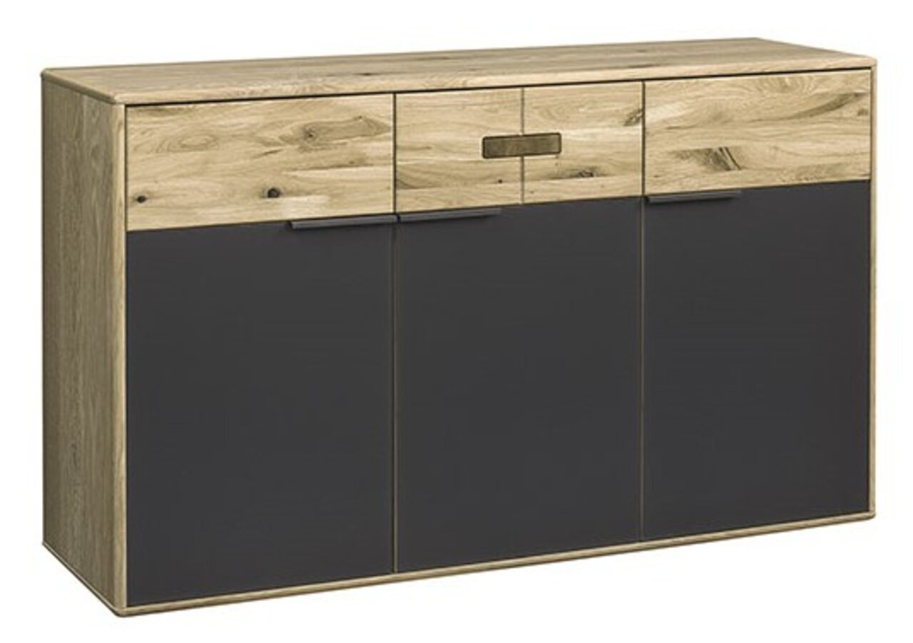 Moderne Kommode mit Holz- und dunklen Fronten, seitliche Perspektive