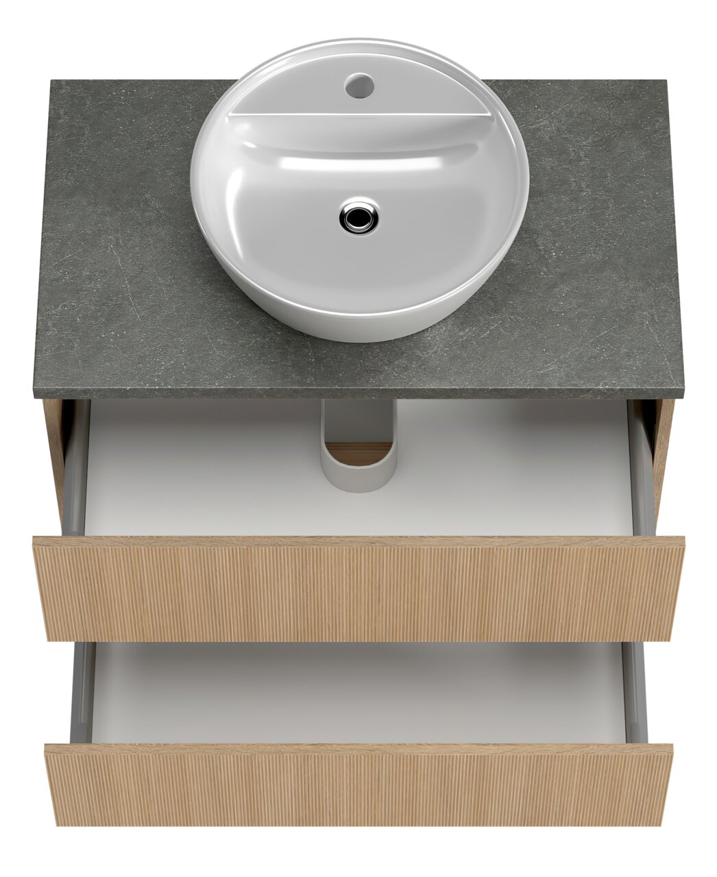 Waschtisch-Set mit rundem Waschbecken und zwei offenen Schubladen, Ansicht von oben