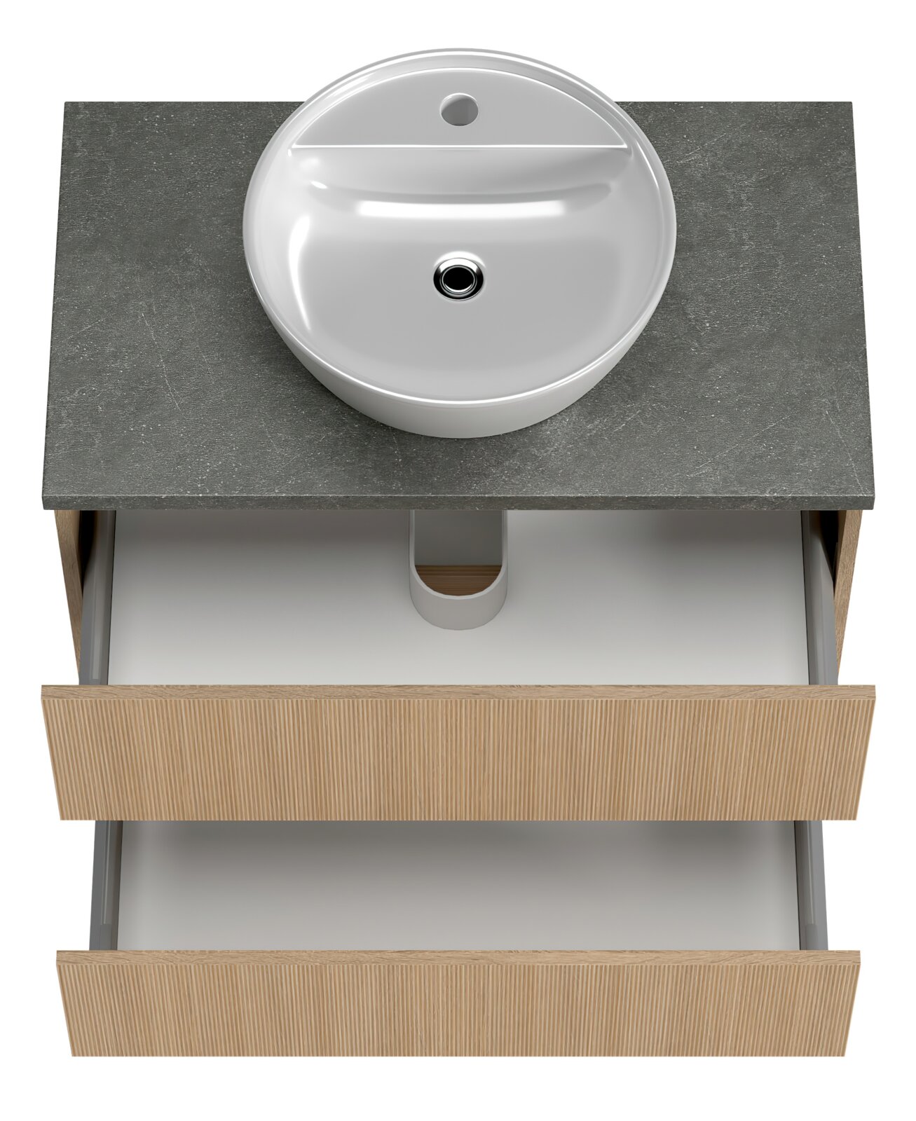 Waschtisch-Set mit rundem Waschbecken und zwei offenen Schubladen, Ansicht von oben