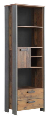 Holzregal mit mehreren Fächern und Schubladen, aus einer schrägen Perspektive fotografiert.