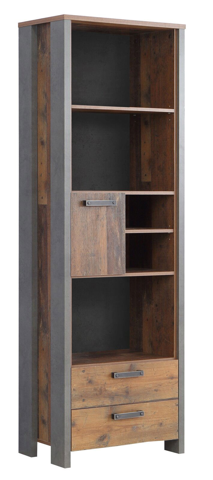 Z2 Regal CLIF Holzregal mit mehreren Fächern und Schubladen, aus einer schrägen Perspektive fotografiert.