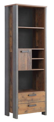 Holzregal mit mehreren Fächern und Schubladen, aus einer schrägen Perspektive fotografiert.