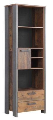 Holzregal mit mehreren Fächern und Schubladen, aus einer schrägen Perspektive fotografiert.