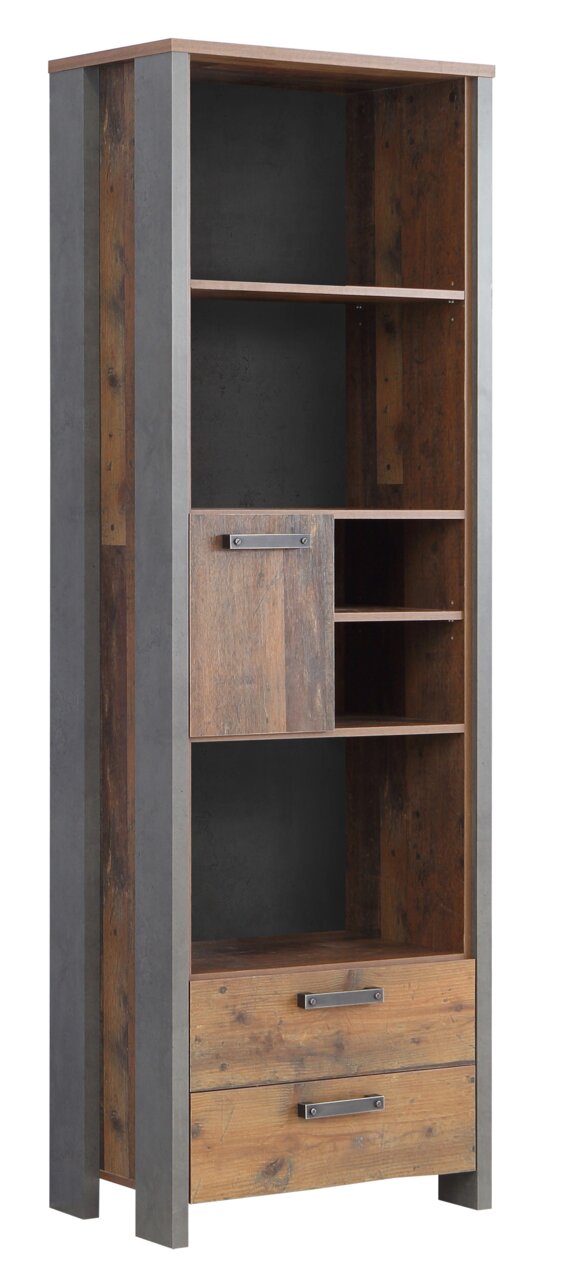 Holzregal mit mehreren Fächern und Schubladen, aus einer schrägen Perspektive fotografiert.