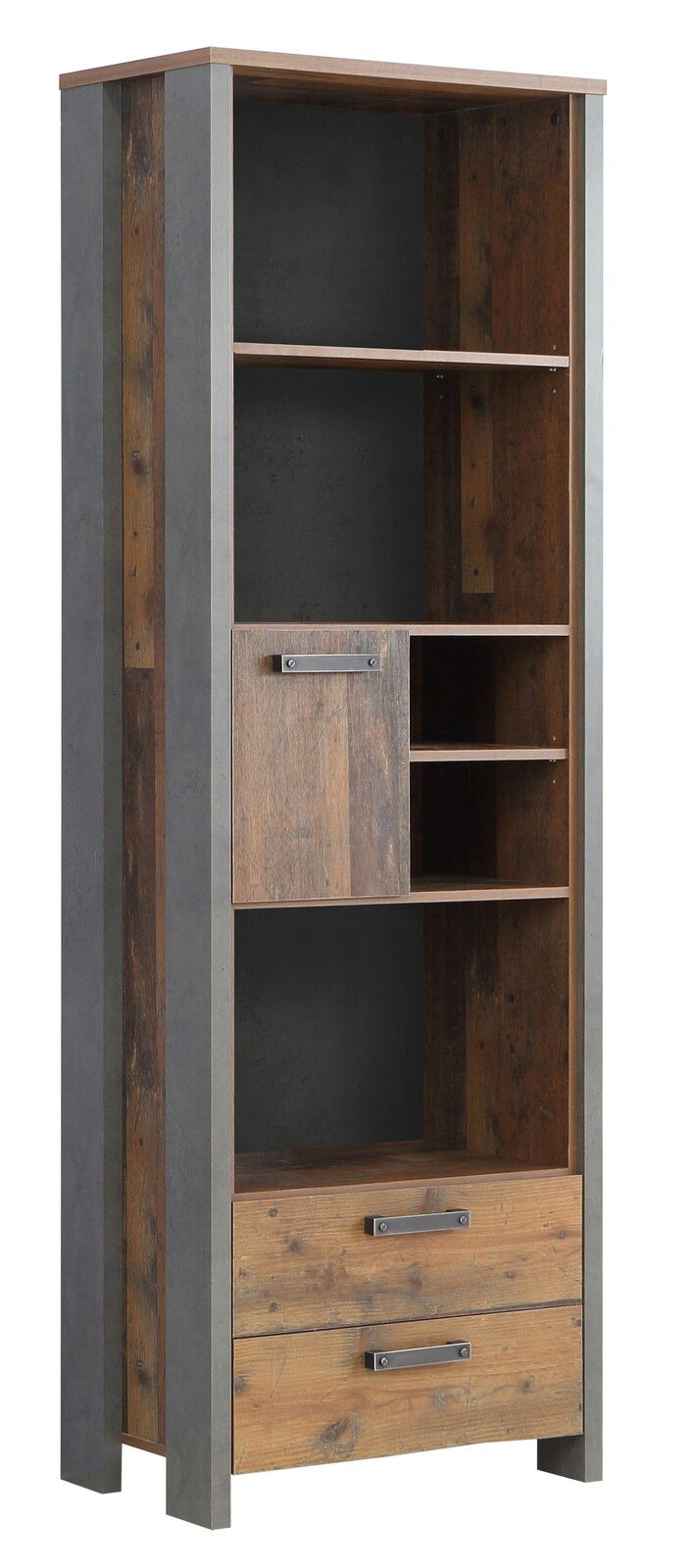 Holzregal mit mehreren Fächern und Schubladen, aus einer schrägen Perspektive fotografiert.