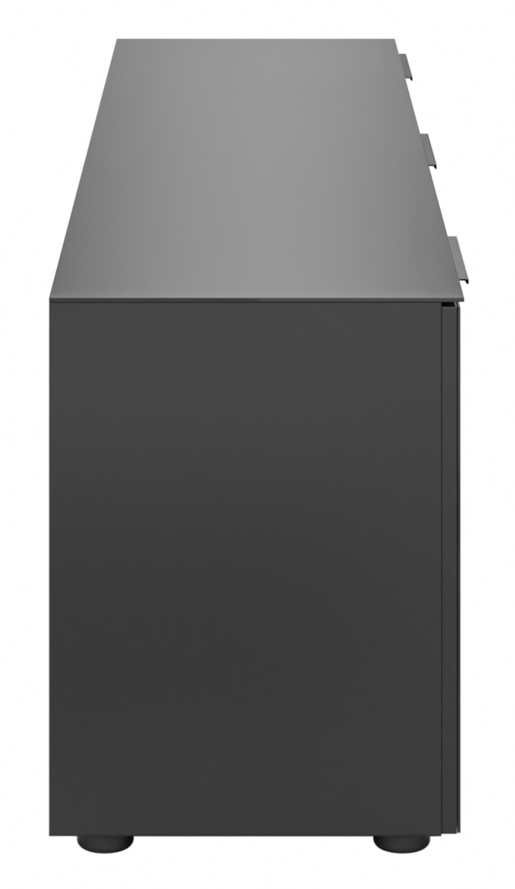 Seitenansicht eines modernen, schwarzen TV-Lowboards mit glatter Oberfläche.