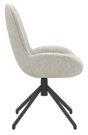 Seitenansicht eines modernen Stuhls mit grauem Stoffbezug und schwarzem Metallgestell.