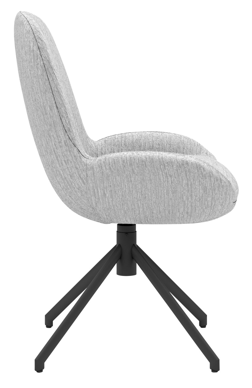 Seitenansicht eines modernen Stuhls mit grauem Stoffbezug und schwarzem Metallgestell.