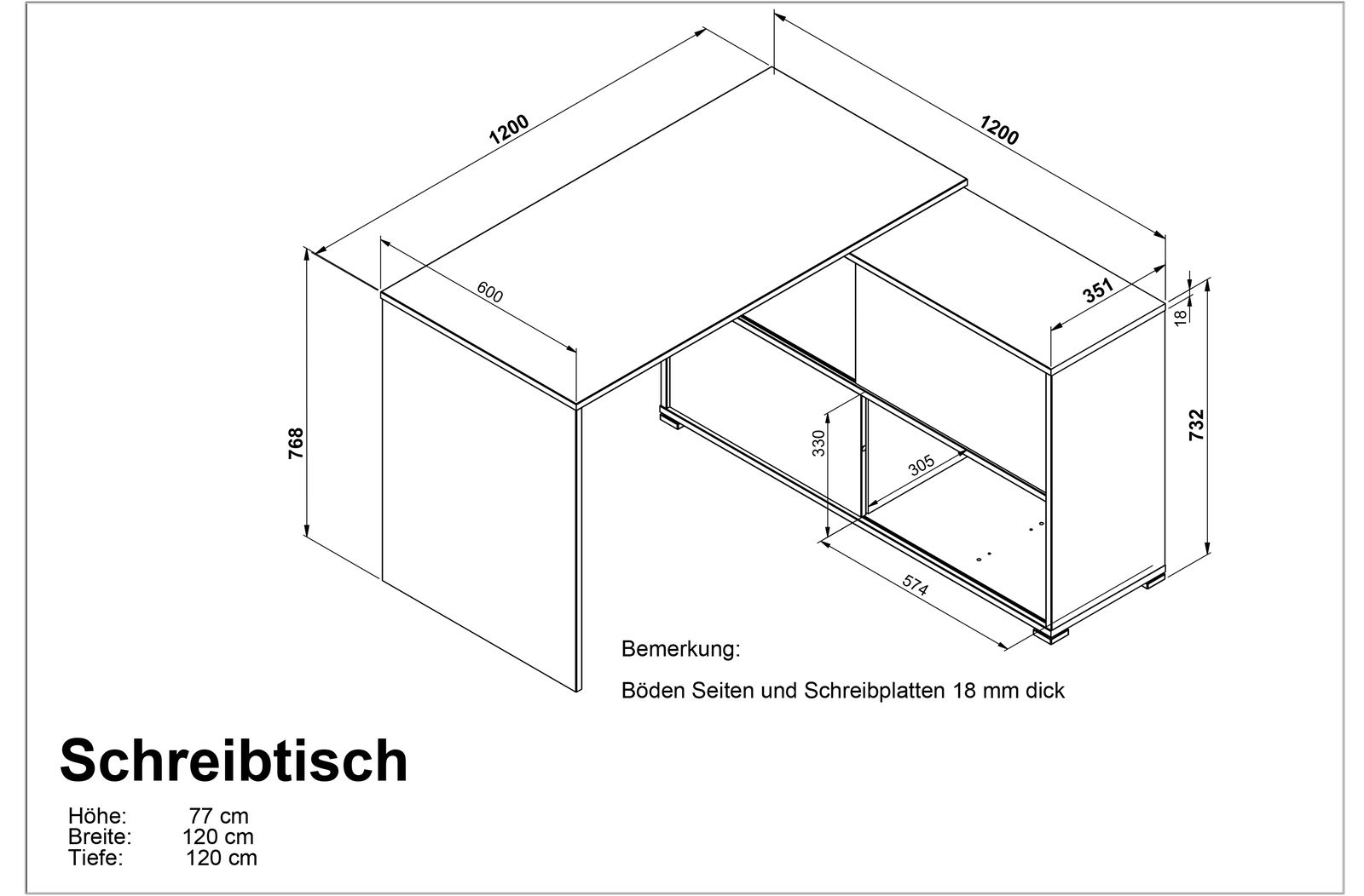Isometrische Zeichnung eines Schreibtisches mit den Maßen 120 cm Breite, 120 cm Tiefe und 77 cm Höhe, inklusive detaillierter Bemaßung und Hinweis auf 18 mm dicke Böden und Schreibplatten.