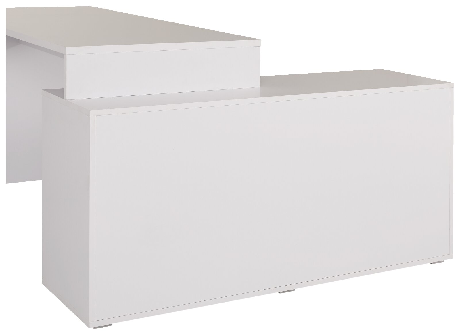 Witte receptiebalie met verhoogd bovenblad, minimalistisch design, gezien schuin van voren (3/4-perspectief)