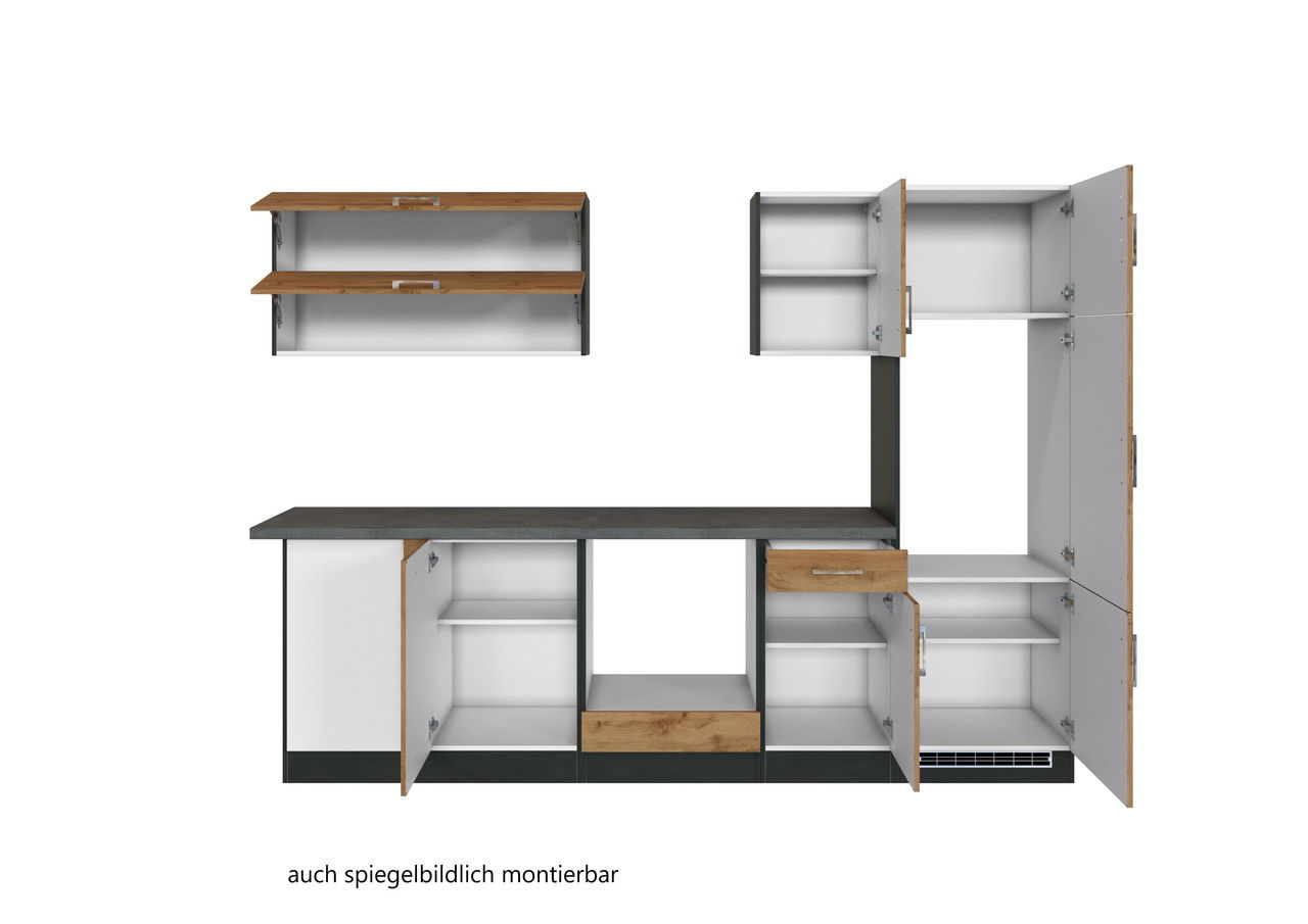 Eck-Küchenzeile 210/270 mit offenen Schränken und Schubladen, in moderner Holz- und Weißoptik, frontal abgebildet. Auch spiegelbildlich montierbar.
