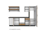 Hoekkeukenblok 210/270 met open kasten en lades, in een moderne hout- en witte look, hier afgebeeld in de standaardopstelling. Kan ook in spiegelopstelling worden gemonteerd.