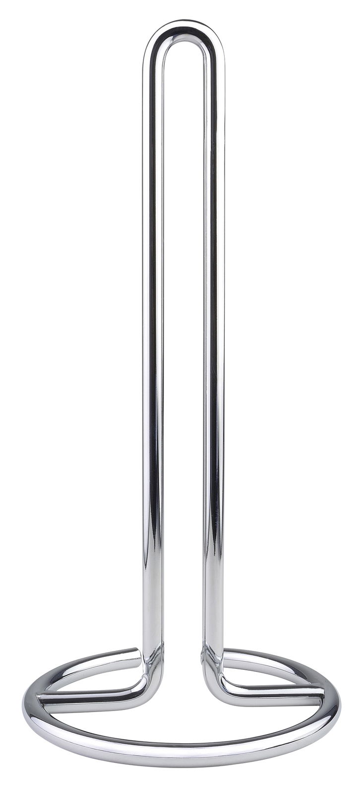 Moderner Küchenrollenhalter aus glänzendem Metall, frontal abgebildet.