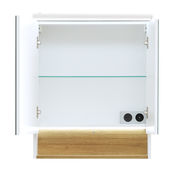 Offener Spiegelschrank mit zwei Türen, einem Glasregal und integrierter Steckdose, aus der Frontansicht.