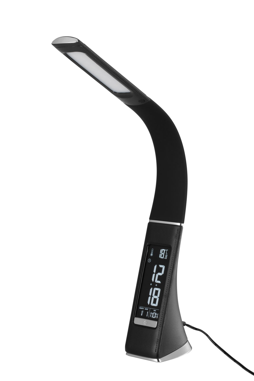 LED-Schreibtischleuchte mit flexiblem Hals und integriertem Display, seitliche Perspektive