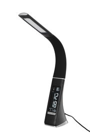 LED-Schreibtischleuchte mit flexiblem Hals und integriertem Display, seitliche Perspektive