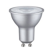 Silbernes LED Leuchtmittel mit GU10-Sockel, seitliche Perspektive