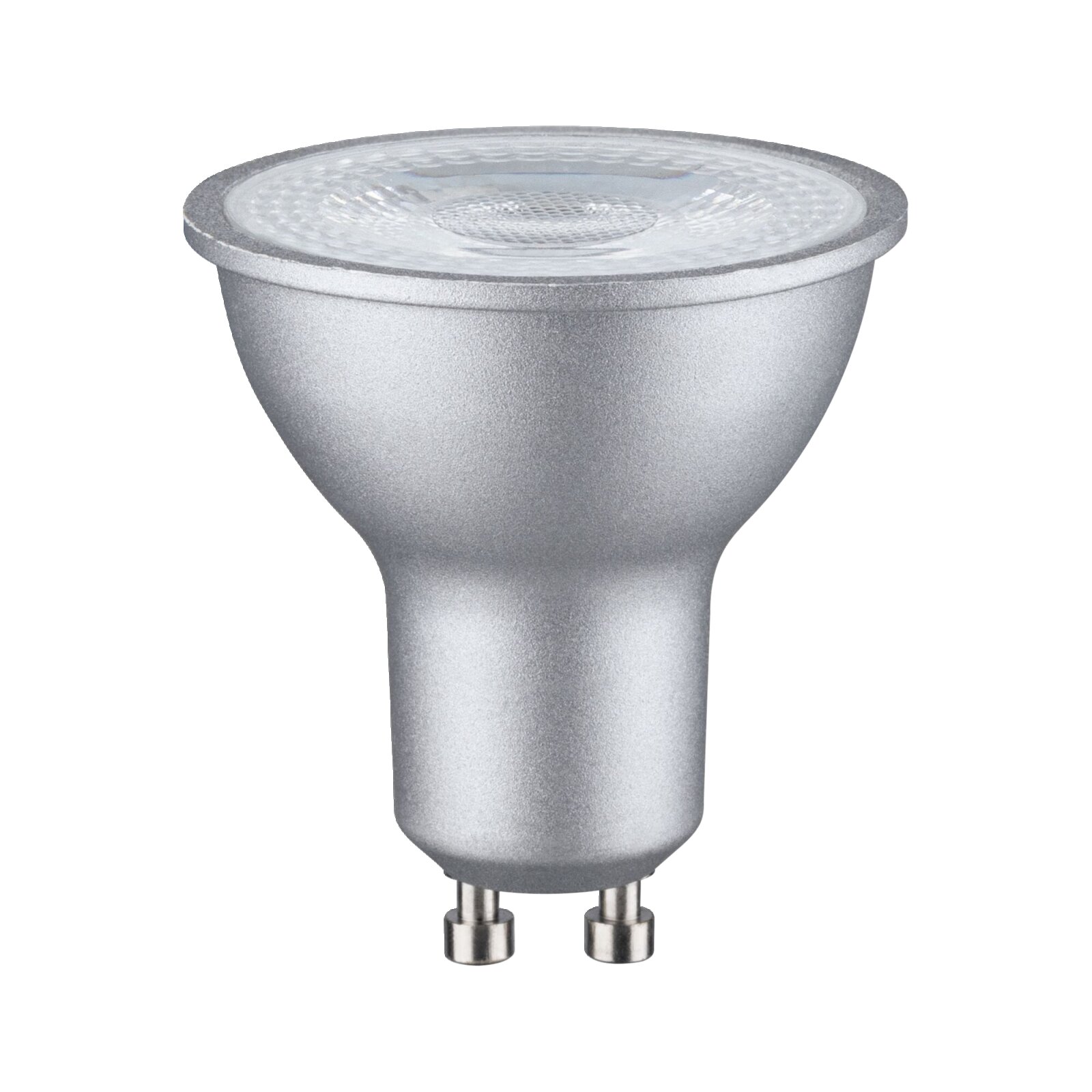 Silbernes LED Leuchtmittel mit GU10-Sockel, seitliche Perspektive