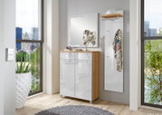 Garderoben-Set 3-tlg. in modernem Design mit Spiegel, Schrank und Wandpaneel, seitliche Perspektive