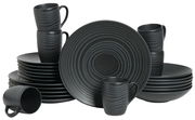 Schwarzes Kombiservice 24-tlg mit modernem, kreisförmigem Design, bestehend aus Tellern, Schalen und Tassen, frontal abgebildet.
